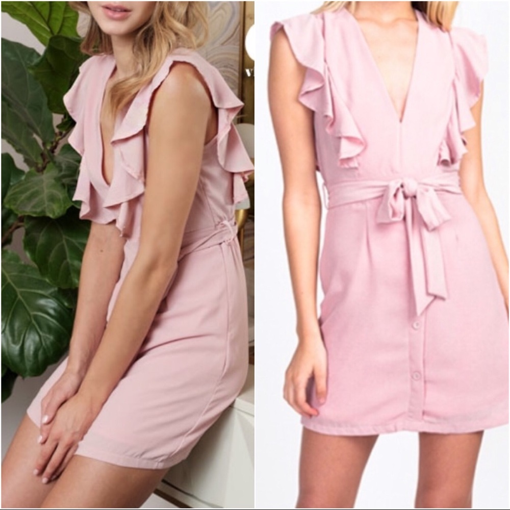 Dusty Pink Ruffle Sleeveless Tie Button Dress - Picture 5 of 8